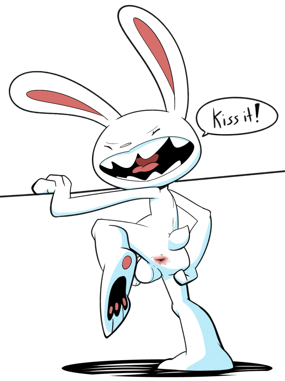 2015 anthro anus balls butt english_text eyes_closed jerseydevil lagomorph male mammal max_(sam_and_max) open_mouth penis presenting rabbit solo spread_butt spreading text