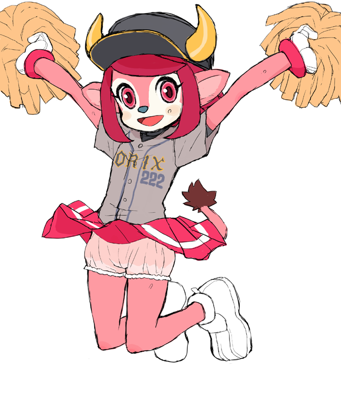 anthro baseball_uniform bloomers blush bovine buffalo_bell cheerleader clothed clothing cub female footwear fur gloves hair hat horn jumping kemonon mammal mascot nippon_professional_baseball open_mouth orix_buffaloes pink_eyes pink_hair plain_background pom_poms shoes skirt solo sweat tail_tuft tuft underwear upskirt white_background white_fur young
