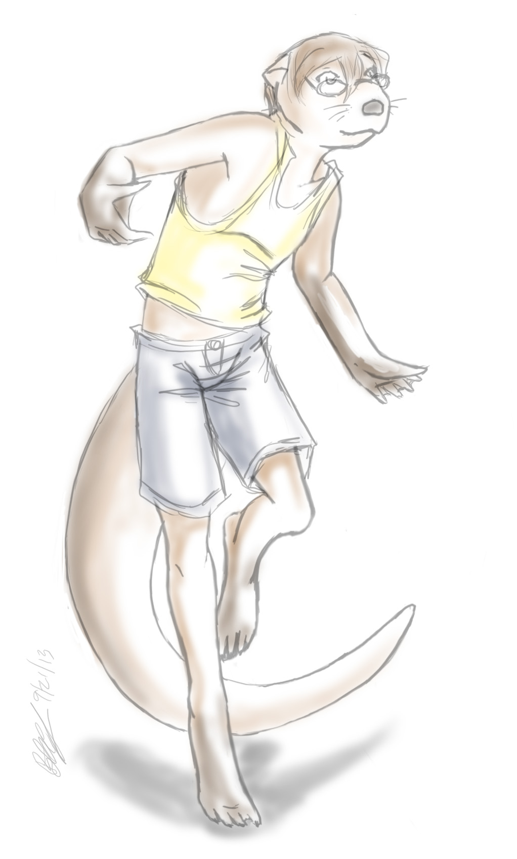 anthro clothed clothing eyewear fur glasses invalid_tag koshkio male mammal mustelid otter reese running shirt shorts sketch skinny slim solo standing tank_top young