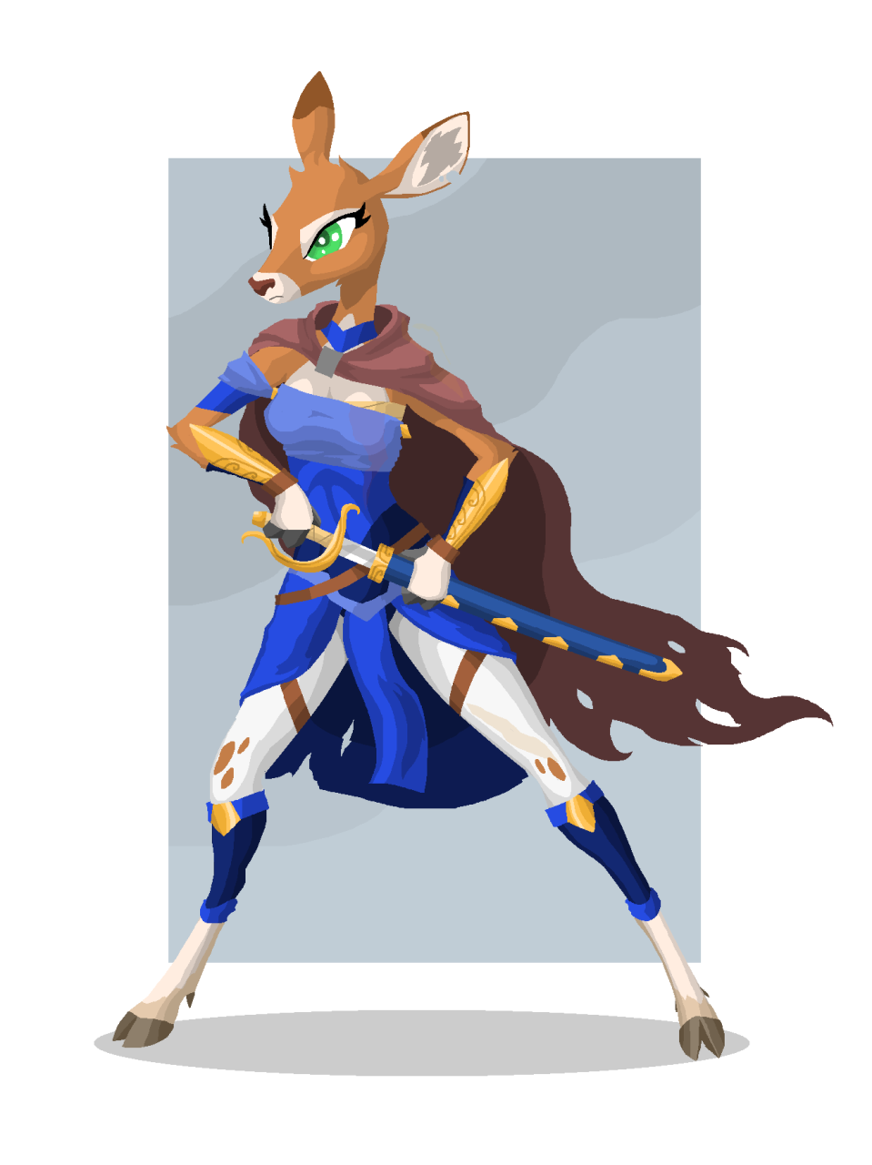 armor barefoot breastst cape cervine choker cleavage clothed clothing deer female green_eyes hooves mammal phlegraofmystery solo standing sword torn_clothing weapon