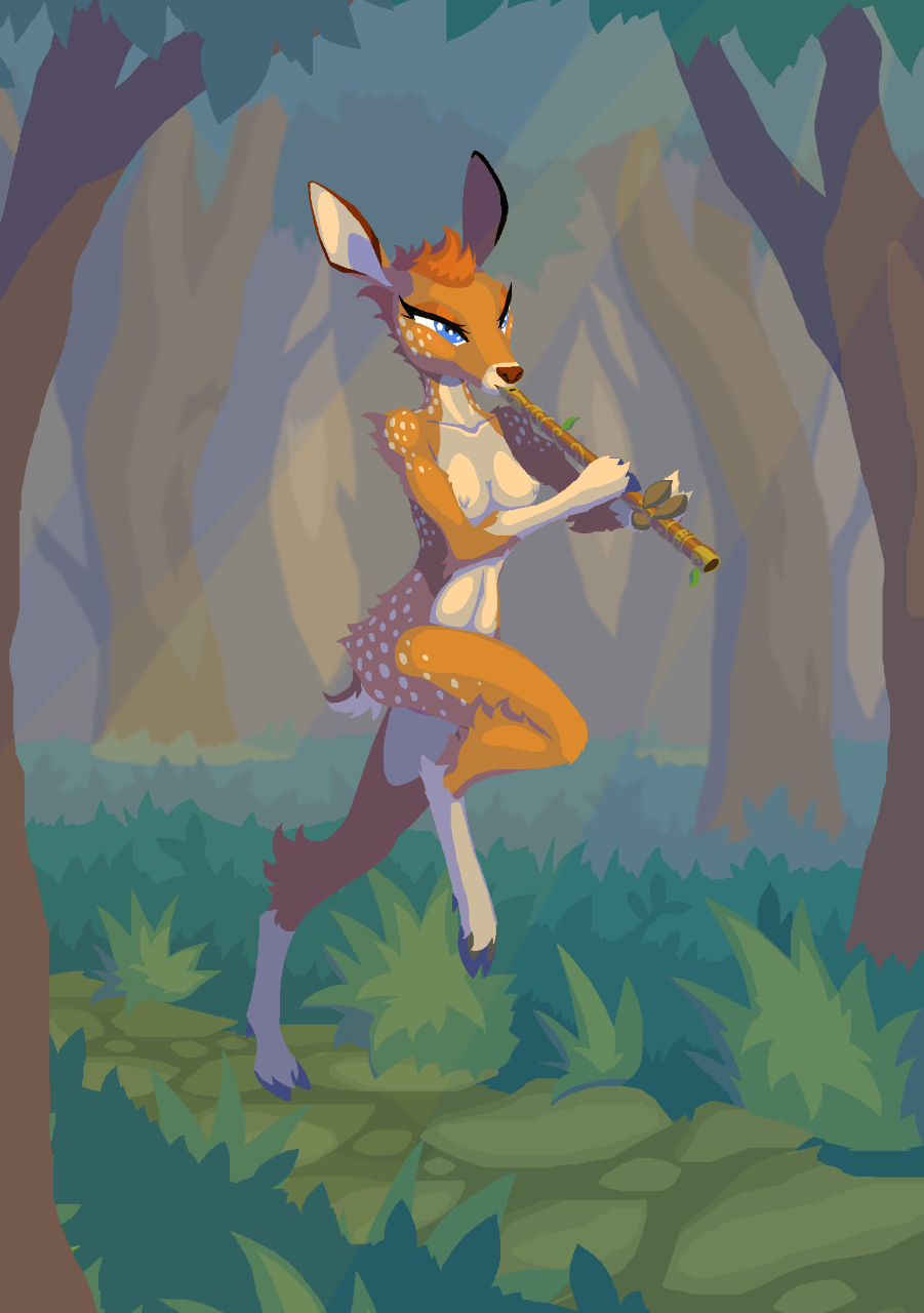 anthro blue_eyes breasts cervine deer female flute forest fur half-closed_eyes hooves mammal musical_instrument naturally_censored nipple_tuft nude phlegraofmystery solo tree tuft