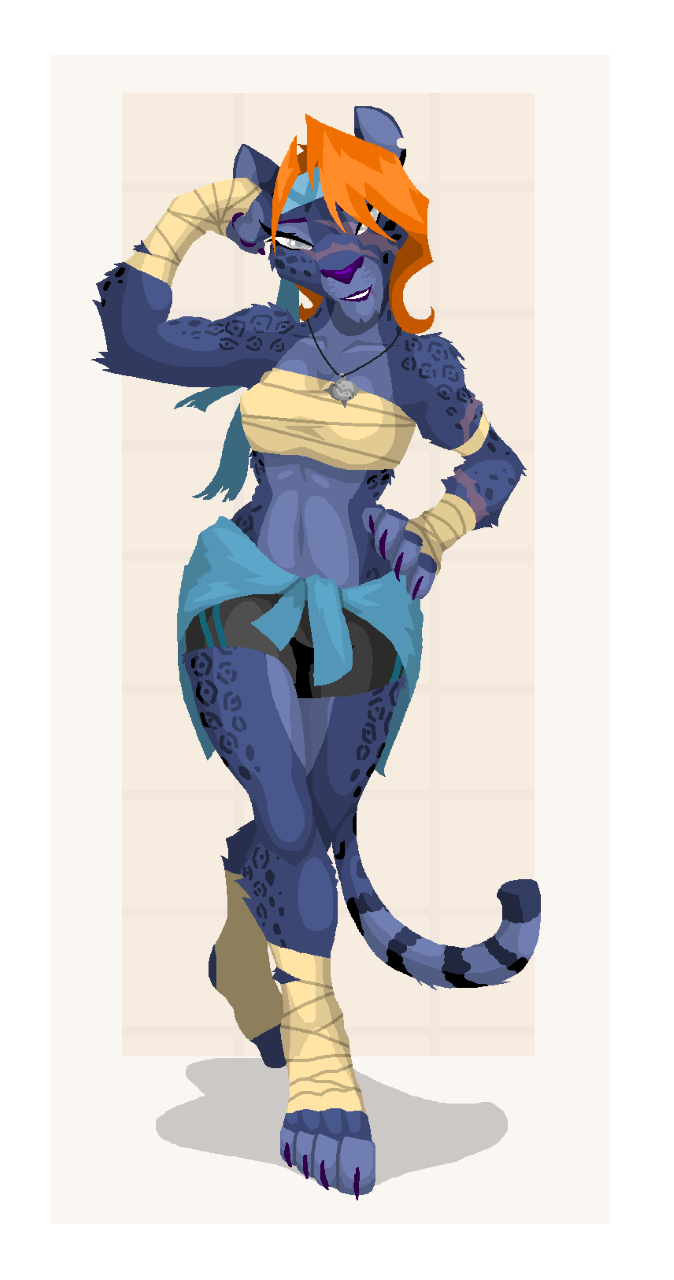 anthro bedroom_eyes breasts chest_wrap clothing feline female foot_wraps hair half-closed_eyes headband leopard looking_at_viewer mammal midriff muscles muscular_female orange_hair paws phlegraofmystery pose scar shorts smile snow_leopard solo white_eyes wrist_wraps