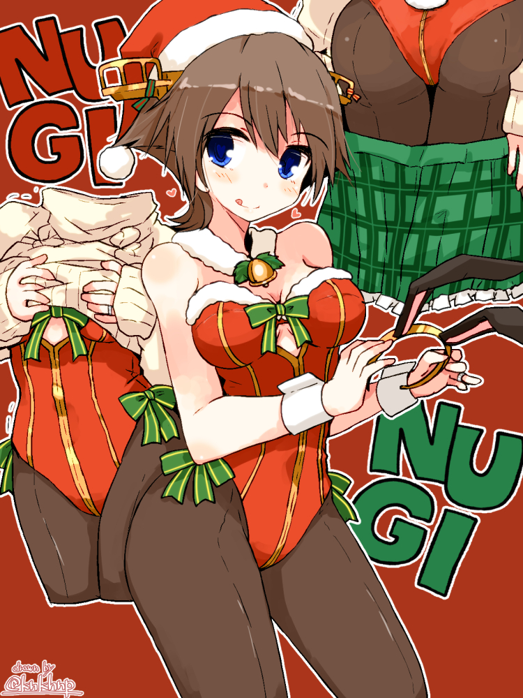 1girl :d animal_ears ass bare_shoulders blue_eyes bow bowtie breasts brown_hair brown_legwear bunny_ears bunny_girl bunny_tail bunnysuit christmas cleavage clothes_pull covered_navel detached_collar fake_animal_ears green_skirt hairband hat headgear hiei_(kantai_collection) kanoe_soushi kantai_collection leotard looking_at_viewer medium_breasts merry_christmas multiple_persona open_mouth pantyhose red_background red_hat red_leotard ribbed_sweater santa_hat short_hair skirt skirt_pull smile strapless strapless_leotard sweater sweater_pull tail twitter_username wrist_cuffs