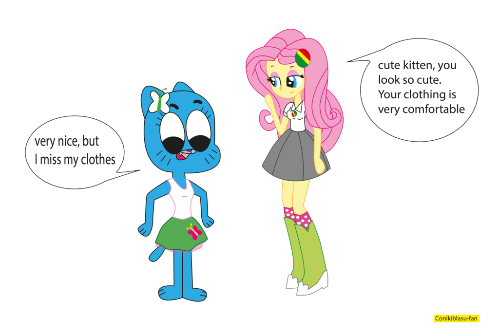 black_eyes blue_eyes blue_fur boots breasts cat clothed clothes_change clothing conikiblasu-fan cute dialogue english_text equine eyeshadow feline female feral fluttershy_(mlp) friendship_is_magic fur hair happy horse human makeup mammal my_little_pony nice nicole_watterson open_mouth pink_hair pony shy skirt smile text the_amazin_world_of_gumball the_amazing_world_of_gumball tongue yellow_fur