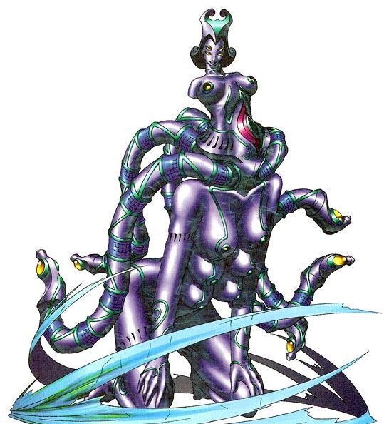 breasts extra_eyes female looking_at_viewer megami_tensei multi_breast multiple_eyes official_art shin_megami_tensei simple_background smile solo soul_hackers tiamat what yellow_eyes