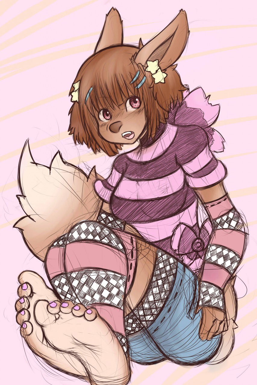 2015 5_toes anthro bow breasts brown_fur clothing feet female fur hair humanoid_feet jeans mammal nintendo plain_background pok&eacute;mon purple_eyes ribbons sebafox shirt solo star stripes toes video_games