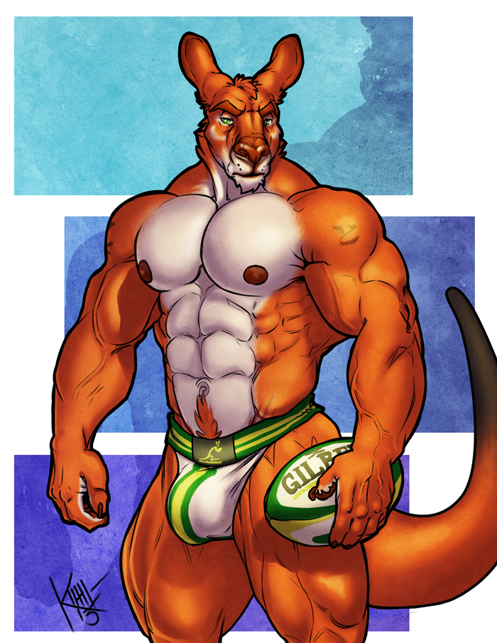 anthro bulge clothing jockstrap kangaroo kihu male mammal marsupial muscles solo underwear yama_roo