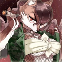 1boshi abstract_background anthro canine cigar cleavage clothed clothing female fox fur japanese kemono mammal