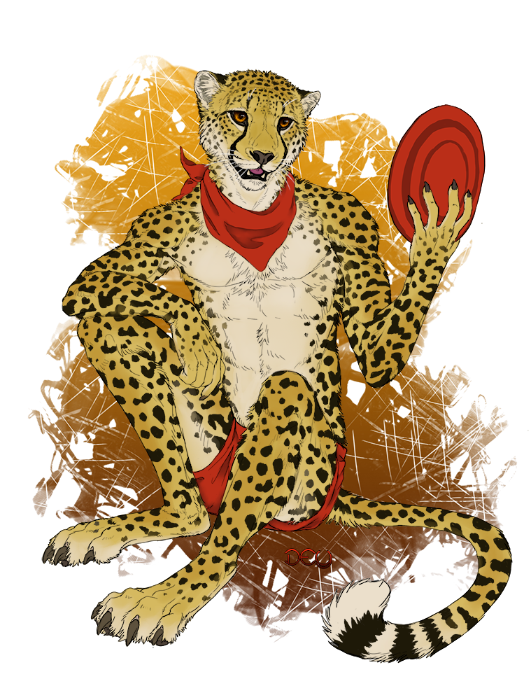 2015 abs abstract_background anthro cheetah clothed clothing deyvarah feline frisbee fur half-dressed looking_at_viewer male mammal open_mouth orange_eyes scarf shorts sitting small_ears smile solo spots teeth tongue topless whiskers yellow_fur