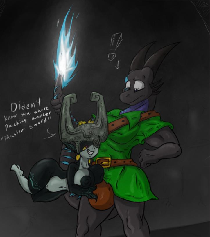 2015 anthro areola biceps big_breasts big_muscles breasts bulge dialogue dragon duo erect_nipples grope horn imp male midna muscles nintendo nipples nude pecs shinysteel smile the_legend_of_zelda twili twilight_princess video_games