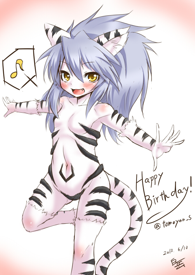 2013 anthro blue_hair blush breasts english_text feline female fur fuurin_rei hair looking_at_viewer mammal musical_note navel nude open_mouth plain_background shirotake_jinan small_breasts solo standing text tiger white_fur white_skin white_tiger yellow_eyes