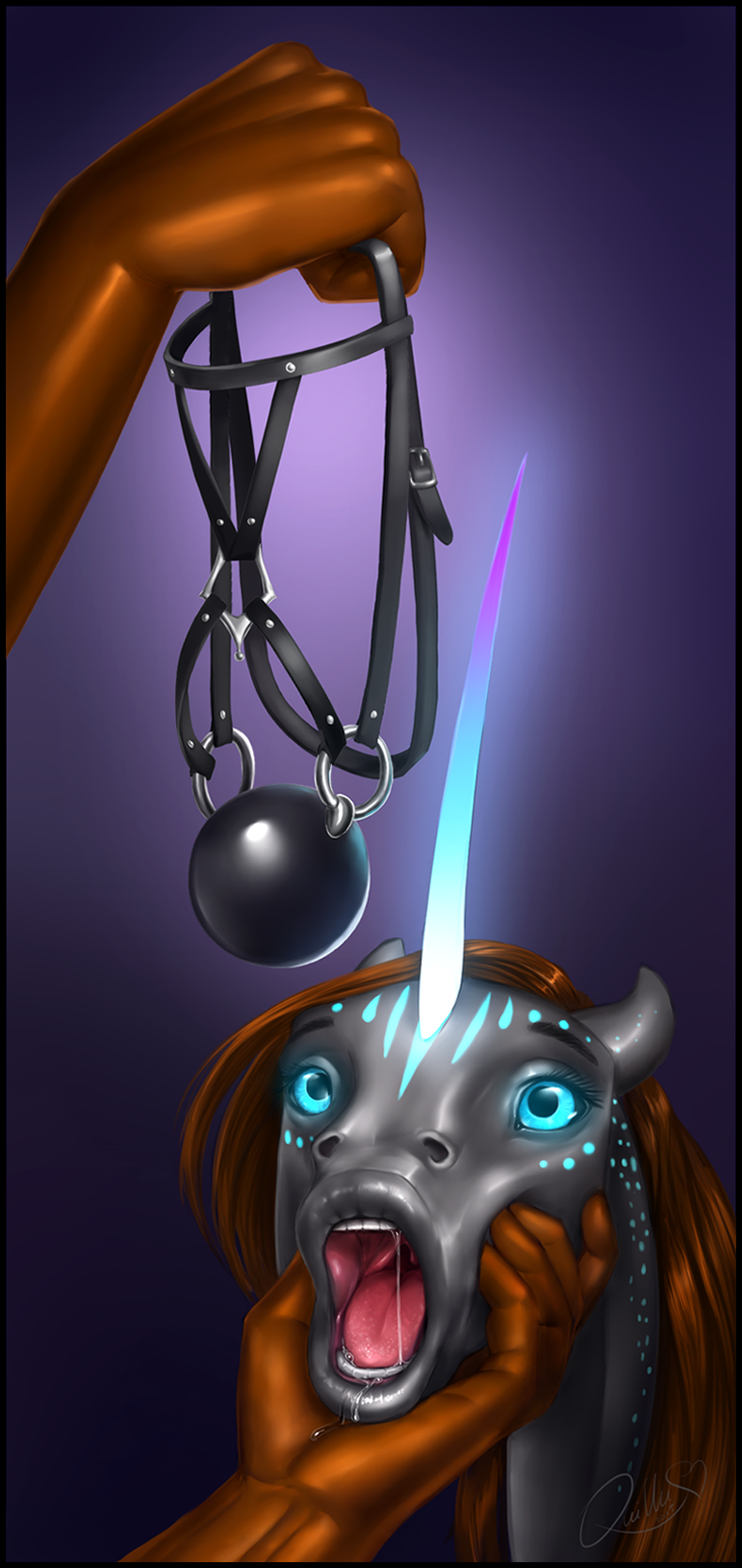 &lt;3 &lt;3_eyes 2015 anthro ball ball_gag bdsm blue_eyes bondage bound bridle bridling equine female force forced gag halter horn horse invalid_tag mammal muzzle_(object) muzzled open_mouth petplay pony ponyplay quillu quillu_(character) roleplay strong teeth unicorn