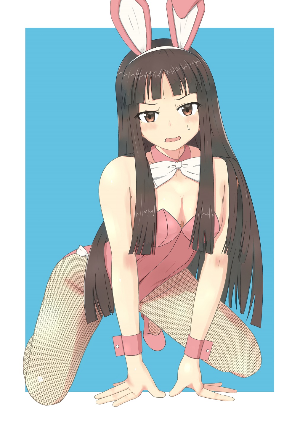 animal_ears bad_hands bare_shoulders black_hair blue_background border bow bowtie brown_eyes bunny_ears bunnysuit detached_collar fake_animal_ears fishnet_pantyhose fishnets highres houraisan_kaguya kneeling long_hair looking_at_viewer midarin open_mouth outside_border pantyhose simple_background solo sweatdrop touhou unmoving_pattern wrist_cuffs