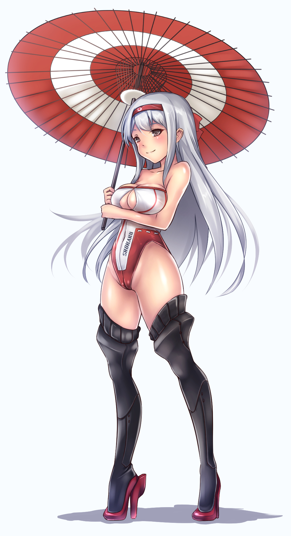 adapted_costume alternate_costume bangs bare_shoulders black_legwear blush breasts character_name cleavage cleavage_cutout clothes_writing from_side full_body grey_eyes groin hairband high_heels highleg highleg_leotard highres holding kantai_collection large_breasts leotard light_smile long_hair oriental_umbrella race_queen shadow shoukaku_(kantai_collection) sidelocks silver_hair simple_background smile solo standing strapless thighhighs umbrella untsue very_long_hair white_background