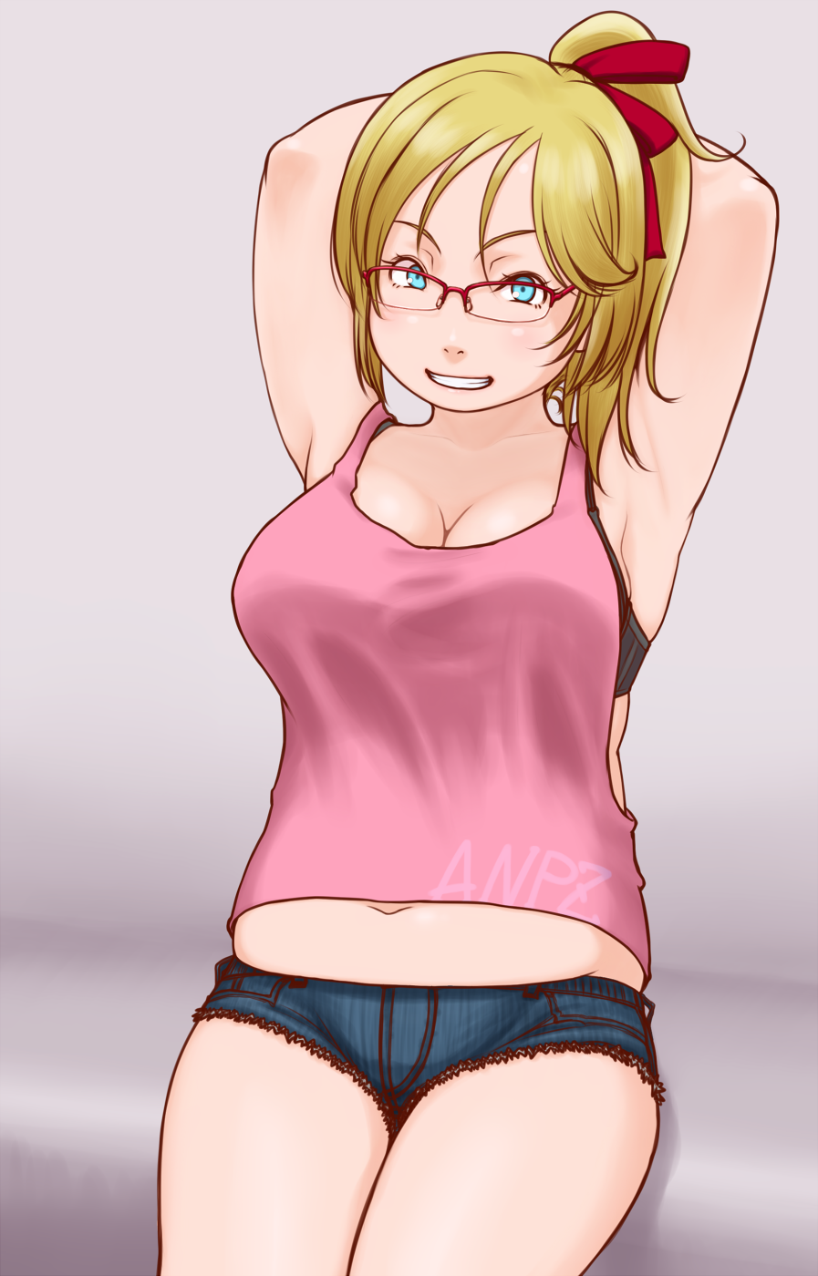 armpits blonde_hair blue_eyes cowboy_shot glasses gradient gradient_background kamisuki navel plump ponytail short_shorts shorts smile solo