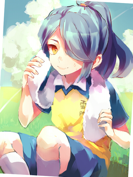 bad_id bad_pixiv_id blue_hair cloud commentary_request day grass hair_over_one_eye inazuma_eleven inazuma_eleven_(series) junekun kazemaru_ichirouta looking_at_viewer male_focus orange_eyes outdoors ponytail raimon raimon_soccer_uniform sitting sky smile soccer_uniform solo sportswear sweat towel