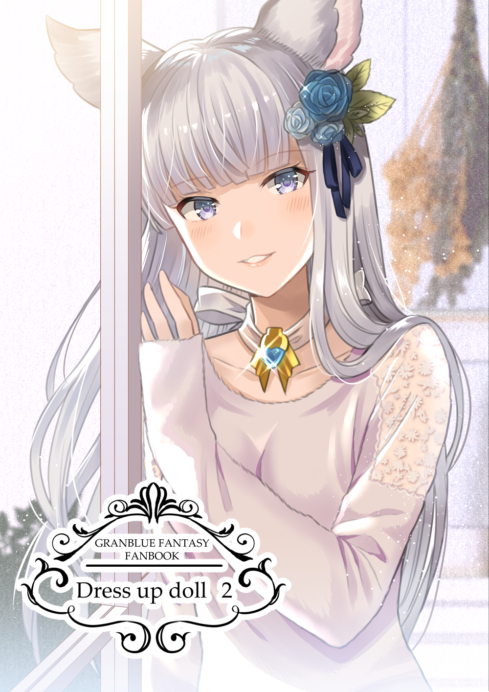 1girl animal_ears bangs black_ribbon blue_flower blue_rose blunt_bangs blurry blurry_background blush collarbone commentary_request copyright_name cover cover_page depth_of_field dress erune eyebrows_visible_through_hair flower granblue_fantasy grey_hair hair_flower hair_ornament hair_ribbon head_tilt highres korwa long_hair long_sleeves looking_at_viewer myusha parted_lips purple_eyes ribbon rose silver_hair sleeves_past_wrists smile solo sparkle sweater upper_body very_long_hair white_dress window