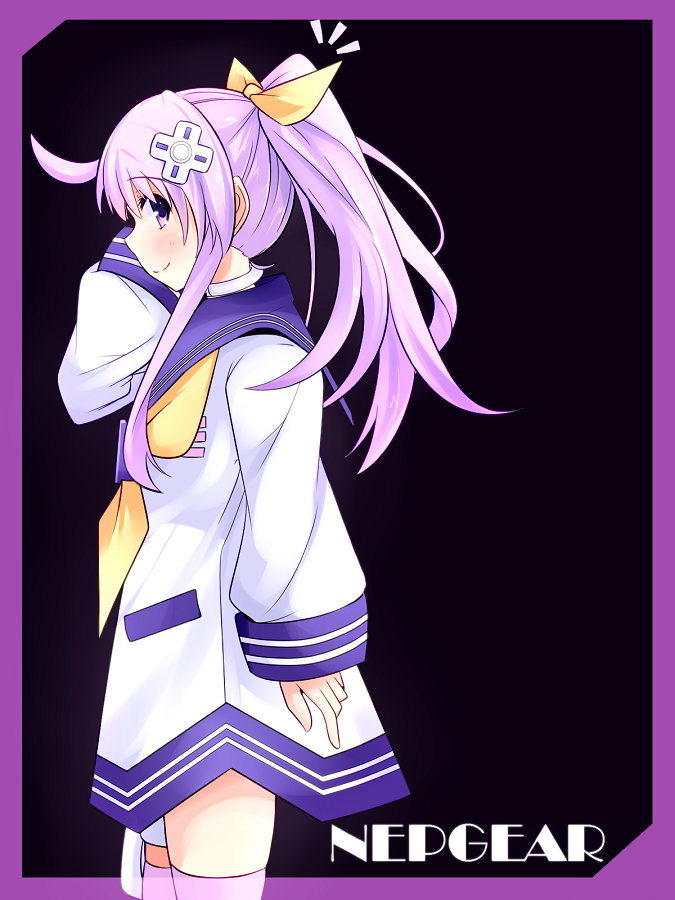 1girl alternate_hairstyle black_background blush border character_name collar cowboy_shot dress from_side hair_ornament hair_ribbon long_hair neckerchief nepgear neptune_(series) pink_legwear ponytail profile purple_eyes purple_hair ribbon sailor_collar sailor_dress sidelocks sleeves_past_wrists smile solo thighhighs warabi_mochi_(ehimedaisuki) zettai_ryouiki