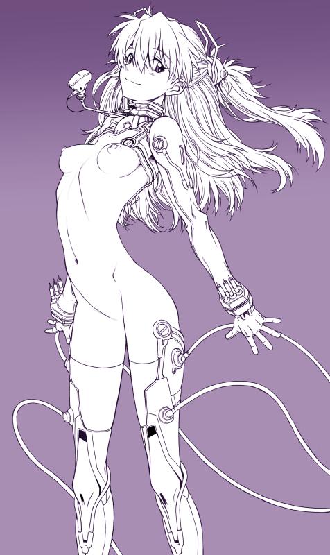 arched_back breasts harukaze_koucha long_hair looking_at_viewer monochrome neon_genesis_evangelion nipples outstretched_arms plugsuit purple shikinami_asuka_langley simple_background small_breasts smile solo souryuu_asuka_langley test_plugsuit