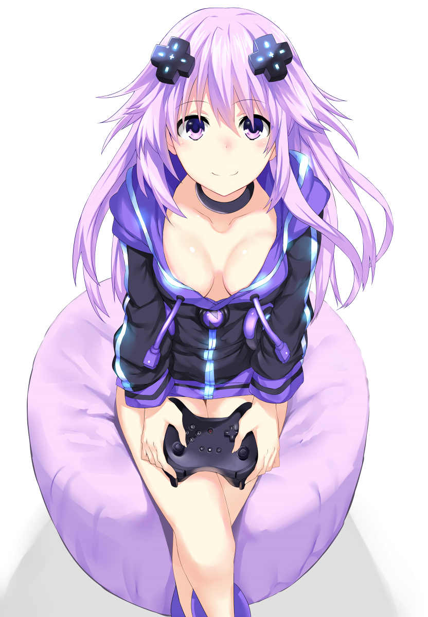 adult_neptune bare_legs blush breasts breasts_apart collar collarbone controller crossed_legs d-pad d-pad_hair_ornament game_controller hair_ornament hews_hack highres holding hood hooded_track_jacket jacket long_hair looking_at_viewer medium_breasts neptune_(series) purple_eyes purple_hair shin_jigen_game_neptune_vii sitting smile solo track_jacket white_background