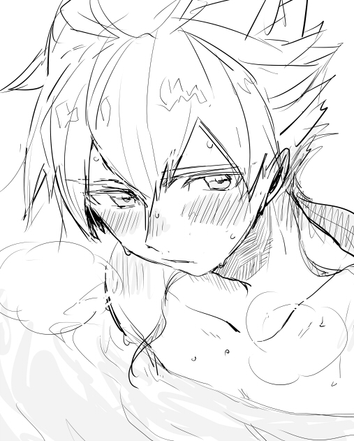 bad_id bad_pixiv_id blush greyscale hakuryuu_(inazuma_eleven) inazuma_eleven_(series) inazuma_eleven_go long_hair male_focus monochrome parted_lips ponytail rococolove sketch solo steam upper_body water wet white_background