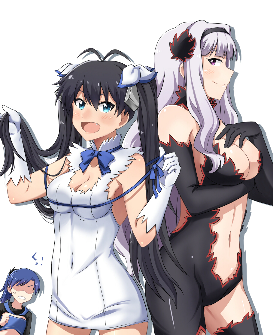 black_hair blue_hair blue_ribbon breast_envy breasts brown_eyes cleavage cosplay dress dungeon_ni_deai_wo_motomeru_no_wa_machigatteiru_darou_ka fang flat_chest freya_(danmachi) freya_(danmachi)_(cosplay) ganaha_hibiki hairband hestia_(danmachi) hestia_(danmachi)_(cosplay) idolmaster idolmaster_(classic) kisaragi_chihaya loki_(danmachi) loki_(danmachi)_(cosplay) long_hair multiple_girls naginoya rei_no_himo ribbon shijou_takane silver_hair simple_background thighhighs twintails