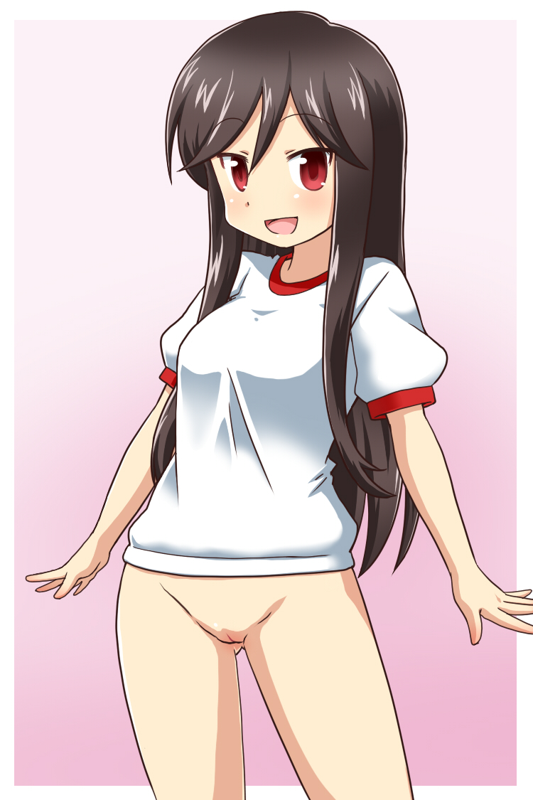 :d a_channel black_hair blush bottomless female goriate gradient gradient_background gym_uniform long_hair nishi_yuuko open_mouth pink_background pussy red_eyes smile solo thighs uncensored white_background