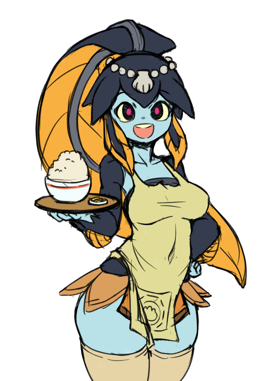 1girl fish_girl food minette_(skullgirls) monster_girl nestkeeper simple_background skullgirls