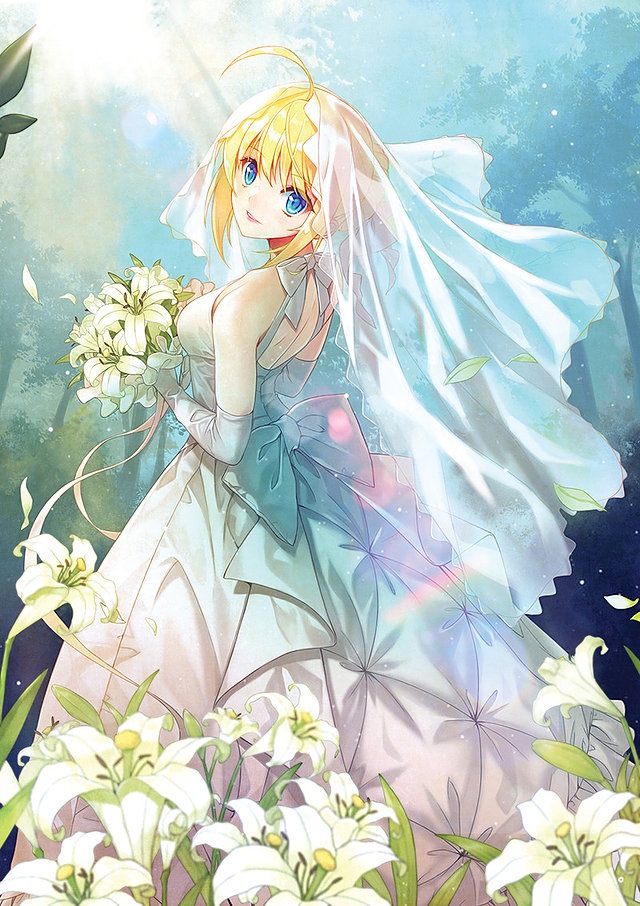 1girl ahoge artoria_pendragon_(all) blonde_hair blue_eyes bouquet bridal_veil day dress elbow_gloves fate/stay_night fate_(series) flower from_behind gloves head_tilt holding holding_bouquet lily_(flower) long_dress looking_at_viewer open_mouth outdoors saber short_hair shuen sleeveless sleeveless_dress smile solo standing sunlight tied_hair veil wedding_dress white_dress white_flower white_gloves