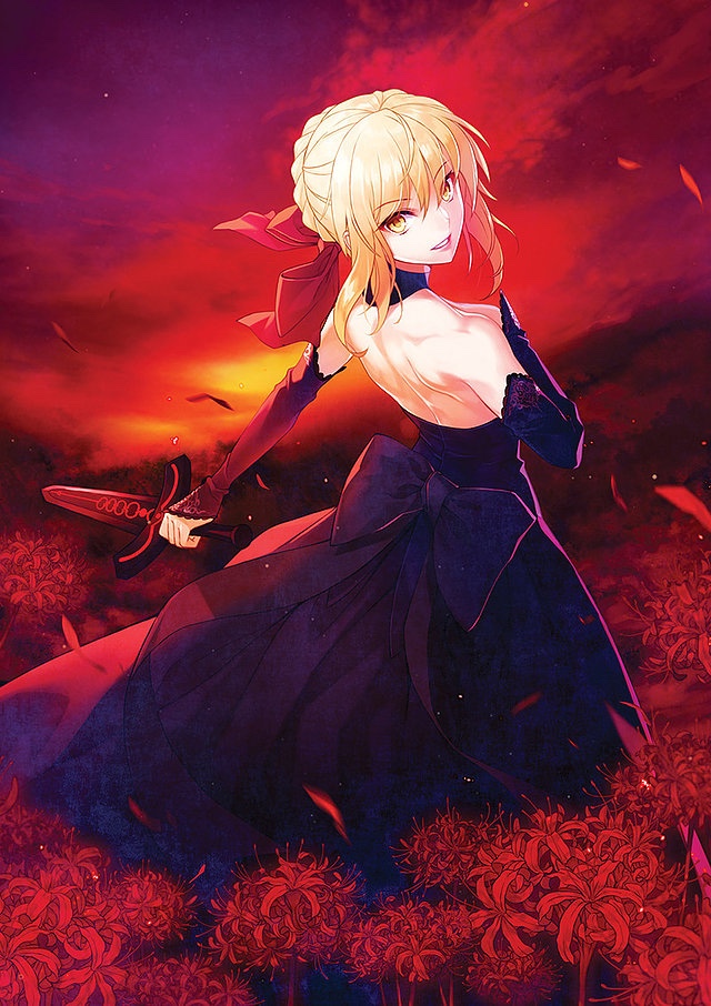 1girl artoria_pendragon_(all) backless_dress backless_outfit blonde_hair blue_bow blue_hair blue_sleeves bow breasts choker dark_excalibur detached_sleeves dress eyebrows_visible_through_hair fate/stay_night fate_(series) flower from_behind grin hair_between_eyes hair_bow holding holding_sword holding_weapon long_dress long_sleeves looking_at_viewer looking_back medium_breasts outdoors parted_lips petals red_bow red_flower saber_alter shiny shiny_hair shuen sideboob sleeveless sleeveless_dress smile solo standing sword tied_hair weapon yellow_eyes