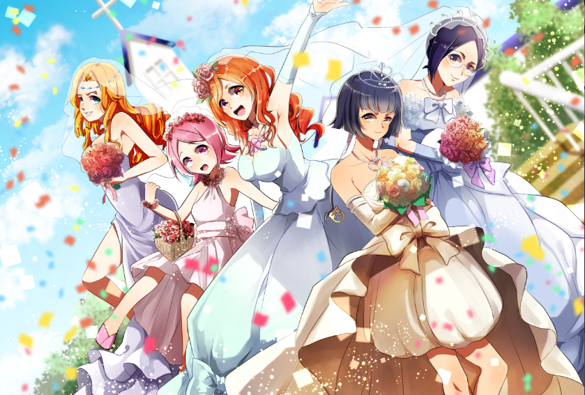 arm_up armpits bangs basket bleach blue_eyes blue_gloves blue_hair blue_sky blurry blurry_background bouquet bow bowtie breasts bridal_veil brown_eyes church cloud day detached_sleeves diadem dress dutch_angle elbow_gloves flower glasses gloves holding holding_basket holding_bouquet inoue_orihime ise_nanao jewelry kusajishi_yachiru large_breasts long_dress long_hair long_sleeves looking_at_viewer matsumoto_rangiku multiple_girls necklace open_mouth orange_hair outdoors pink_eyes pink_flower pink_footwear pink_hair pink_rose purple_bow red_flower red_rose rimless_eyewear rose short_hair sky sleeveless sleeveless_dress smile strapless strapless_dress sui-feng umi_(pixiv6861961) veil white_bow white_dress white_gloves white_neckwear white_sleeves