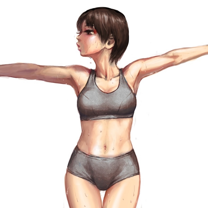 armpits bangs bare_arms bare_shoulders bearclaw boyshorts breasts brown_eyes brown_hair cowboy_shot eyelashes grey_shorts makeup medium_breasts midriff navel o3o original outstretched_arms profile short_hair shorts simple_background solo sports_bra spread_arms sweat thigh_gap toned white_background