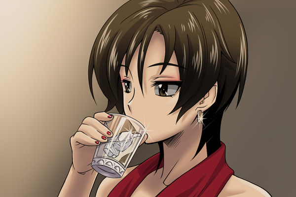 brown_eyes brown_hair close-up drinking earrings face glass hirabaru_kenji jewelry meiko nail_polish portrait red_nails short_hair solo vocaloid