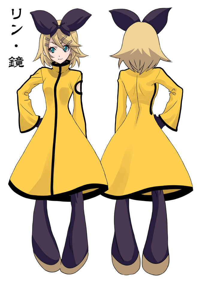 alternate_costume aqua_eyes blonde_hair coat hair_ornament hair_ribbon hairclip hirabaru_kenji kagamine_rin ribbon short_hair simple_background smile vocaloid