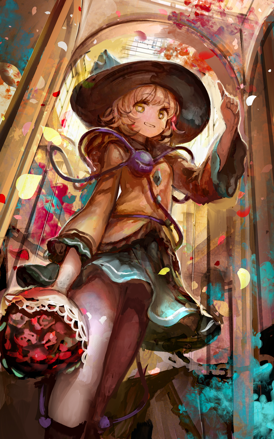 acrylic_paint_(medium) bouquet flower from_below green_hair green_skirt grin highres index_finger_raised indoors komeiji_koishi long_hair long_sleeves looking_at_viewer miniskirt organ_derwald pointing pointing_up revision shirt skirt smile solo third_eye touhou traditional_media wavy_hair wide_sleeves yellow_shirt