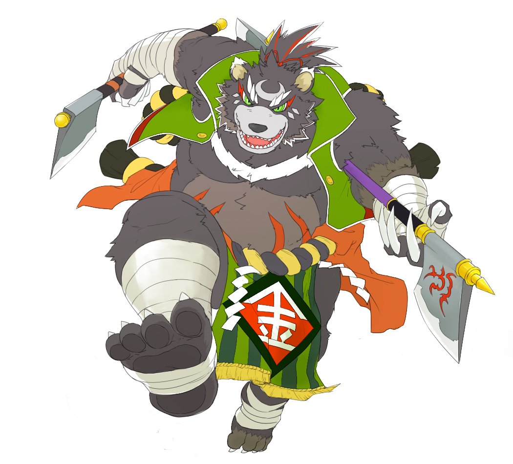 2017 anthro belly clothed clothing gindan green_eyes humanoid_hands male mammal moobs overweight overweight_male sakata_no_kintoki sengoku_puzzle simple_background solo ursine weapon white_background