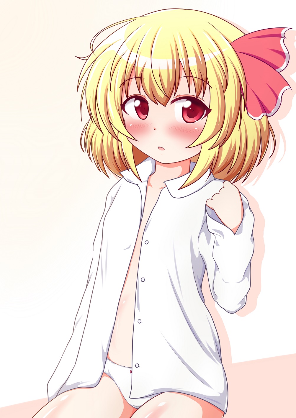 :o blonde_hair hair_ribbon highres naked_shirt open_clothes open_shirt panties red_eyes ribbon rumia shirt short_hair simple_background sitting solo touhou underwear white_background yakumo_nanahara