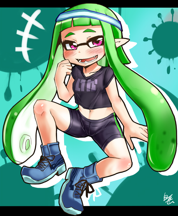 bike_shorts blush domino_mask fangs green_background green_hair headband inkling mask midriff monster_girl navel paint_splatter pink_eyes pointy_ears shirotake_jinan shirt shoes smile sneakers solo splatoon_(series) splatoon_1 t-shirt tentacle_hair