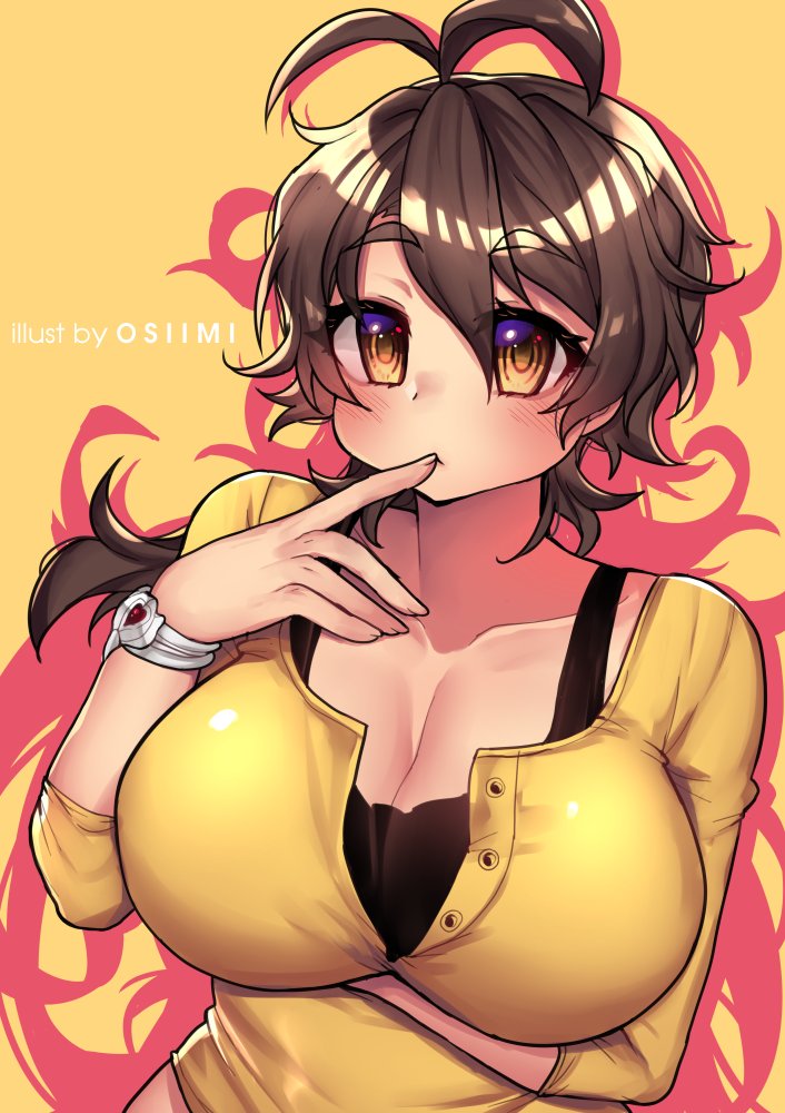 :&lt; amaha_masane antenna_hair artist_name black_bra bra bracelet breasts brown_eyes brown_hair cleavage commentary_request finger_to_mouth hair_between_eyes jewelry large_breasts long_hair long_sleeves looking_at_viewer original osiimi solo sweater underwear upper_body witchblade yellow_background yellow_sweater