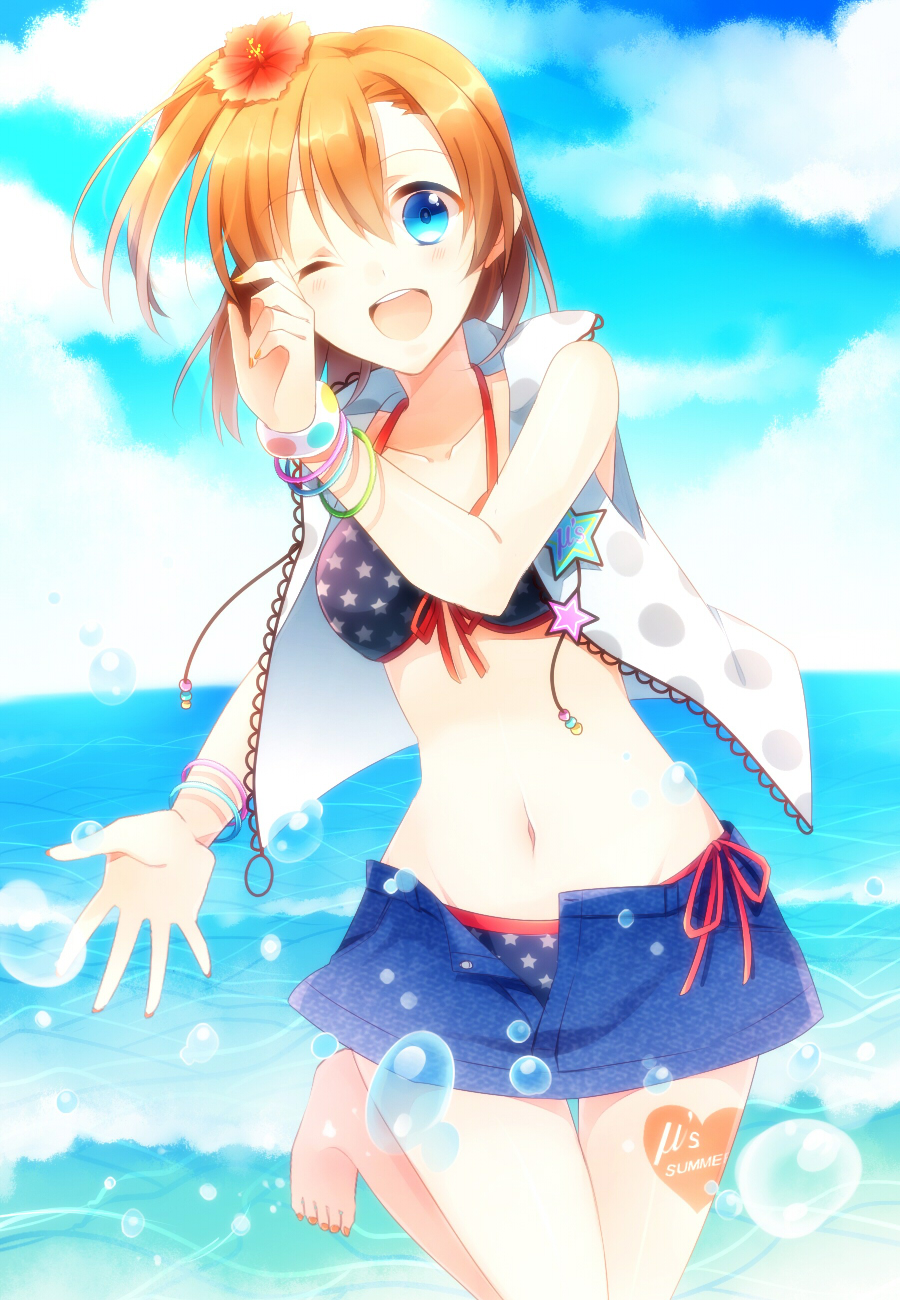 ;d barefoot bikini blue_eyes blue_sky bracelet cloud collarbone day flower hair_flower hair_ornament hibiscus highres jewelry konase_(non_stop!) kousaka_honoka looking_at_viewer love_live! love_live!_school_idol_project navel one_eye_closed one_side_up open_mouth orange_hair outdoors outstretched_hand sky smile solo star star_print swimsuit water
