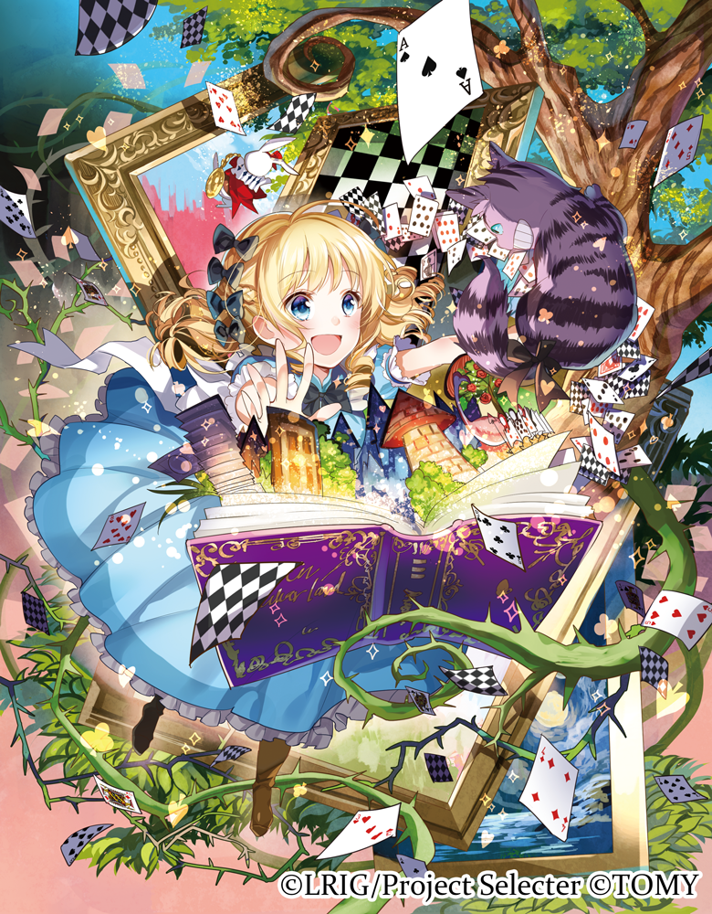 ace_of_spades alice_(wonderland) alice_in_wonderland blonde_hair book bow card cat cheshire_cat copyright_name dress hair_bow light_particles long_hair looking_at_another open_mouth outstretched_arms picture_frame plant playing_card pop-up_book smile thorns tower tree vines wixoss yuzuki_kihiro