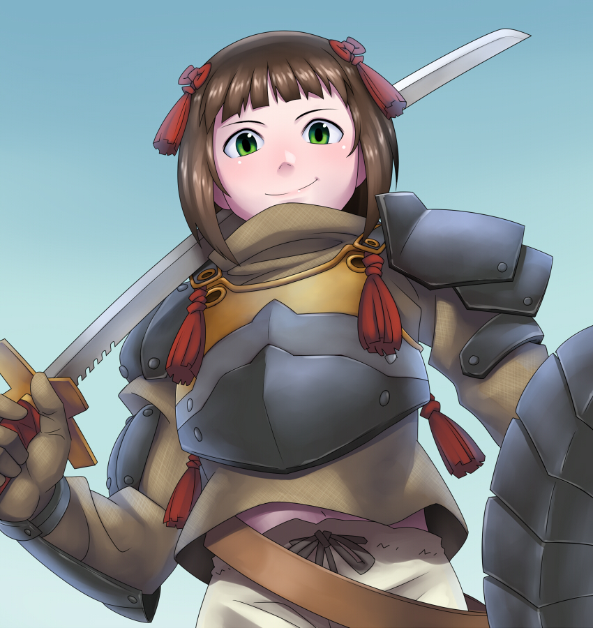 amami_haruka armor breastplate brown_hair gradient gradient_background green_eyes idolmaster idolmaster_(classic) looking_at_viewer over_shoulder sat short_hair smile solo sword sword_over_shoulder tassel tenkuu_no_escaflowne weapon weapon_over_shoulder