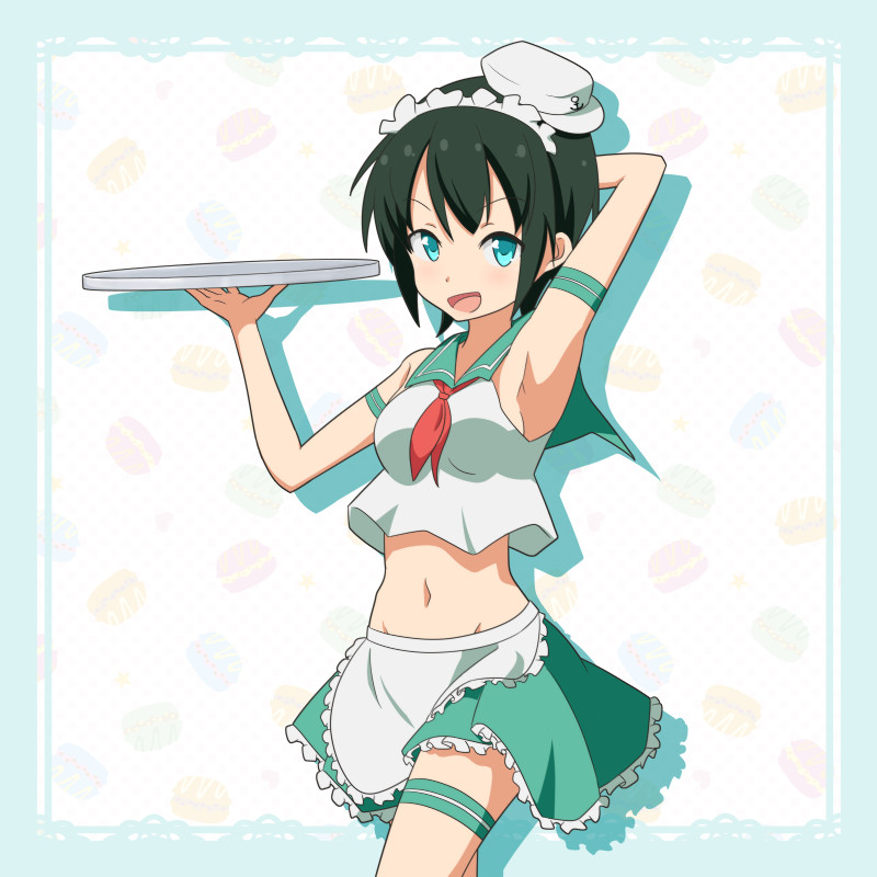 adapted_costume alternate_costume apron arm_behind_head arm_up armband armpits ascot black_hair blue_border blue_eyes border cato_(monocatienus) crop_top enmaided groin hat looking_at_viewer maid maid_headdress midriff miniskirt murasa_minamitsu navel open_mouth patterned_background short_hair skirt solo thigh_strap touhou tray