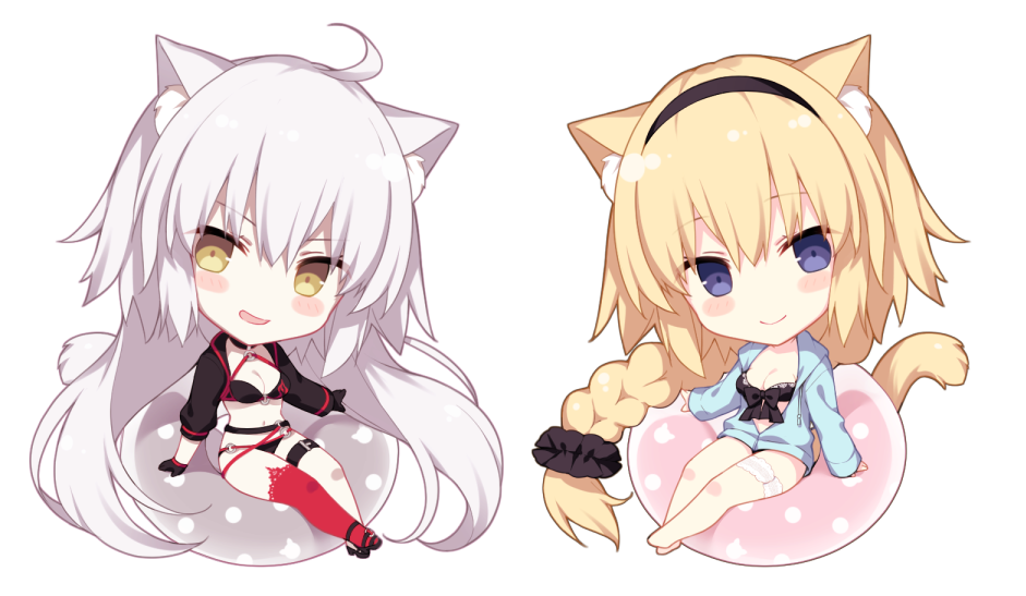 :d ahoge animal_ear_fluff animal_ears asymmetrical_legwear bare_legs barefoot bikini black_bikini black_gloves black_hairband blonde_hair blue_jacket blush_stickers breasts brown_eyes cat_ears cat_girl cat_tail cleavage closed_mouth commentary_request fate/grand_order fate_(series) gloves hairband head_tilt hood hood_down hooded_jacket innertube jacket jeanne_d'arc_(alter_swimsuit_berserker) jeanne_d'arc_(fate)_(all) jeanne_d'arc_(swimsuit_archer) jeanne_d'arc_(alter)_(fate) jeanne_d'arc_(alter_swimsuit_berserker) jeanne_d'arc_(fate) jeanne_d'arc_(fate)_(all) jeanne_d'arc_(swimsuit_archer) kemonomimi_mode long_hair long_sleeves medium_breasts miko_92 multiple_girls navel o-ring o-ring_bikini o-ring_bottom o-ring_top open_clothes open_jacket open_mouth purple_eyes red_legwear silver_hair single_thighhigh sitting smile swimsuit tail thighhighs very_long_hair white_background