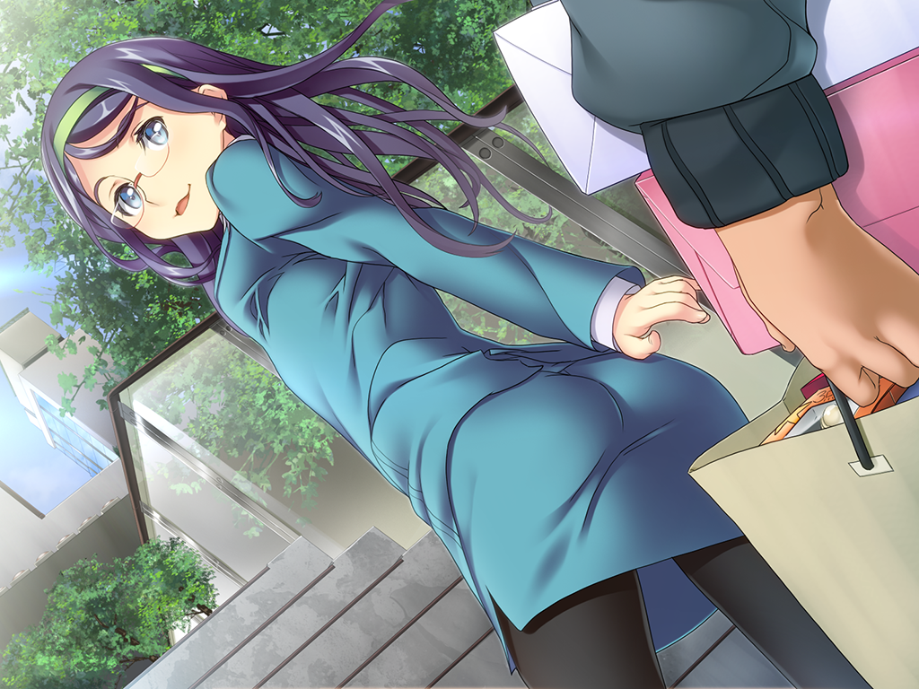 1girl ass bag blue_eyes blue_hair breasts dutch_angle game_cg glasses hairband happy highres legs long_hair looking_back open_mouth pantyhose skirt small_breasts smile solo_focus stairs standing suit suzuki_mei thighs tree trees urawaza_spectrum walking