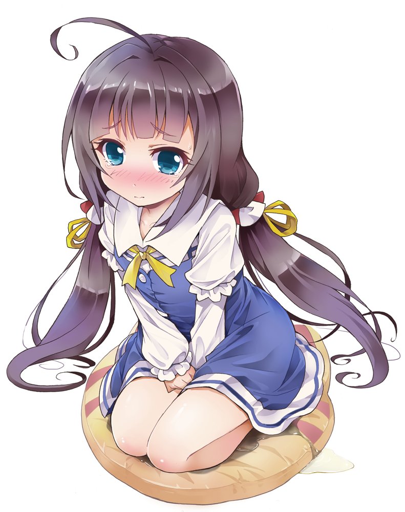 ahoge bangs between_legs blue_dress blue_eyes blush brown_hair closed_mouth collarbone dress embarrassed eyebrows_visible_through_hair female flat_chest full_body hair_ornament hand_between_legs hands_together have_to_pee hinatsuru_ai jpeg_artifacts juliet_sleeves kneeling legs_together long_hair long_sleeves looking_at_viewer nose_blush peeing peeing_self puddle puffy_sleeves ratryu ryuuou_no_oshigoto! seiza shiny shiny_hair simple_background sitting solo sweat tears tied_hair twintails v_arms white_background yellow_neckwear