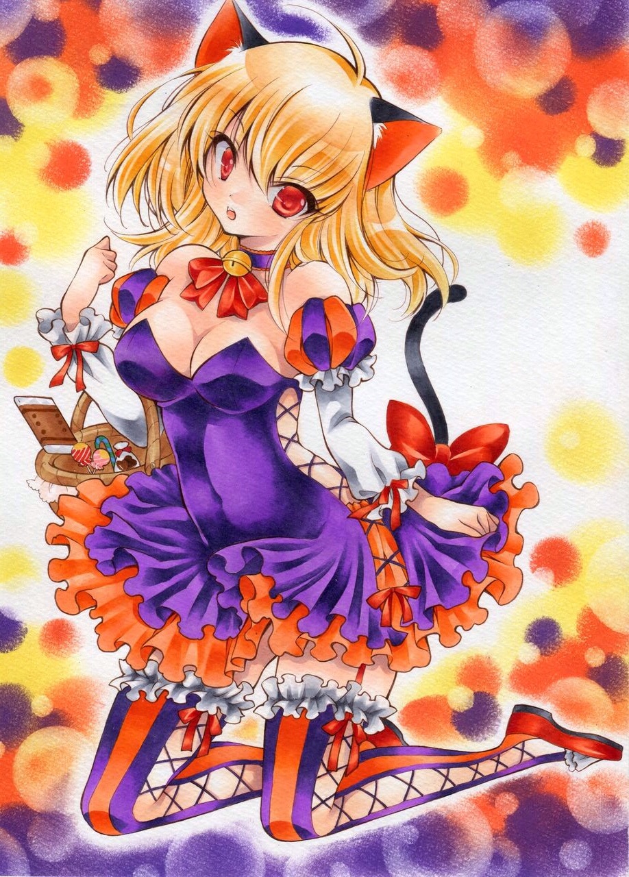 :o ahoge animal_ears bangs basket bell bow breasts candy cat_ears cat_tail chocolate choker chupa_chups cleavage colored_stripes covered_navel cross-laced_clothes cross-laced_legwear food frilled_legwear garter_straps halloween highres izumo_neko jingle_bell kneeling large_breasts lollipop looking_at_viewer open_mouth original red_eyes shoes solo striped striped_legwear tail tail_bow traditional_media vertical-striped_legwear vertical_stripes