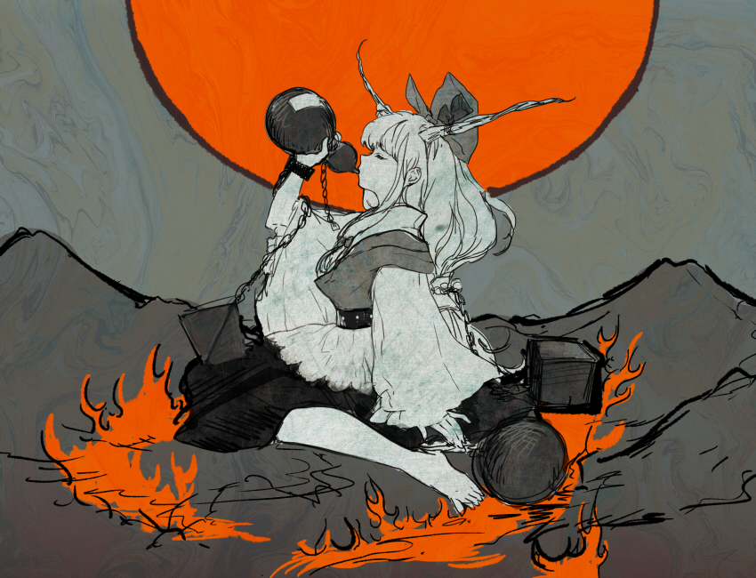 alternate_costume barefoot belt chain closed_eyes drinking fire full_body gourd hair_ornament hair_ribbon horn_ribbon horns ibuki_suika japanese_clothes long_hair long_sleeves low-tied_long_hair monochrome profile ribbon sitting skirt solo spot_color touhou vest viridiflora wide_sleeves