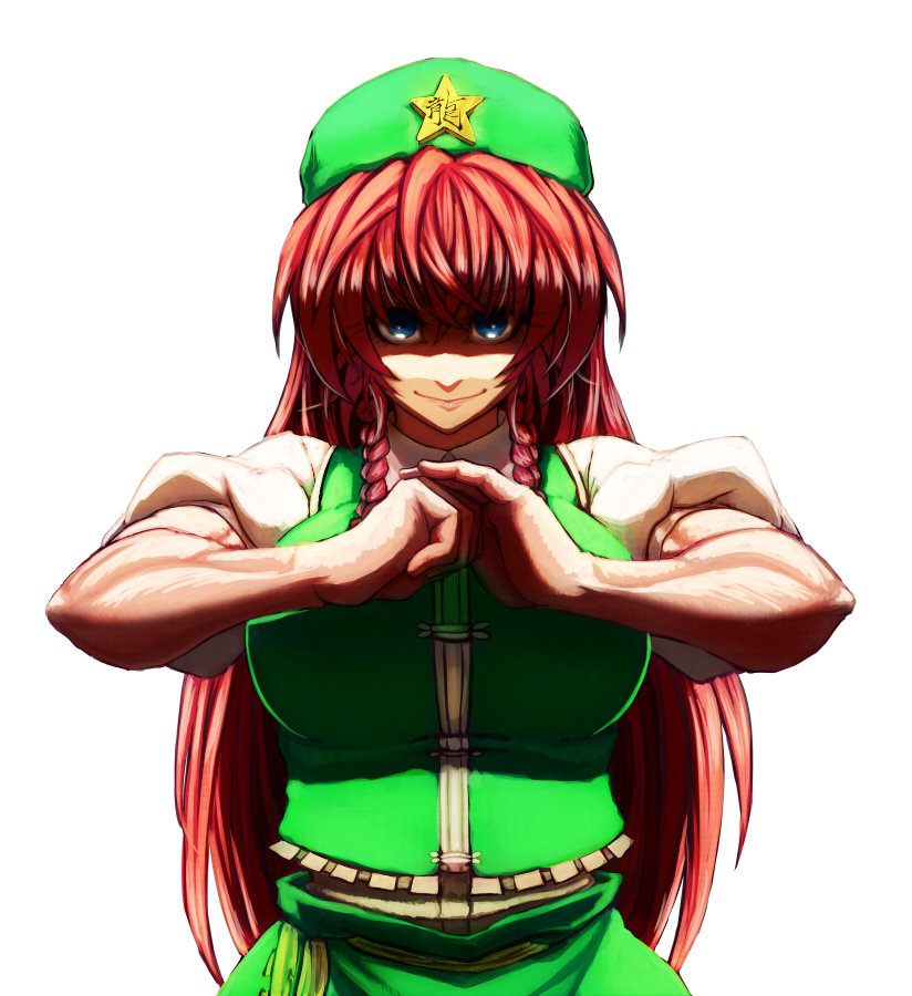 beret blue_eyes braid breasts chinese_clothes error fist_in_hand hat hong_meiling koyubi_(littlefinger1988) large_breasts lips long_hair looking_at_viewer muscle muscular_female own_hands_together palm-fist_greeting puffy_short_sleeves puffy_sleeves red_hair shaded_face short_sleeves smile solo star tangzhuang touhou twin_braids very_long_hair