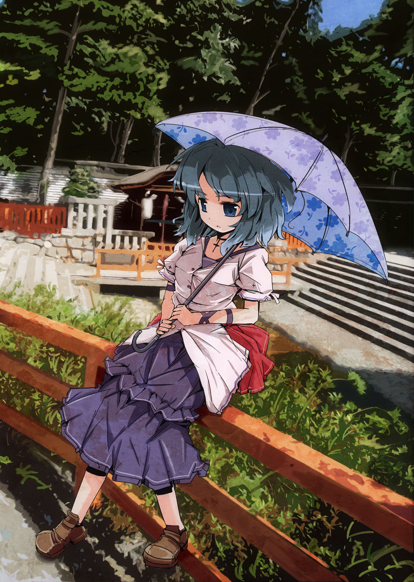blue_eyes green_hair highres hitsuji_(artist) original sitting solo umbrella